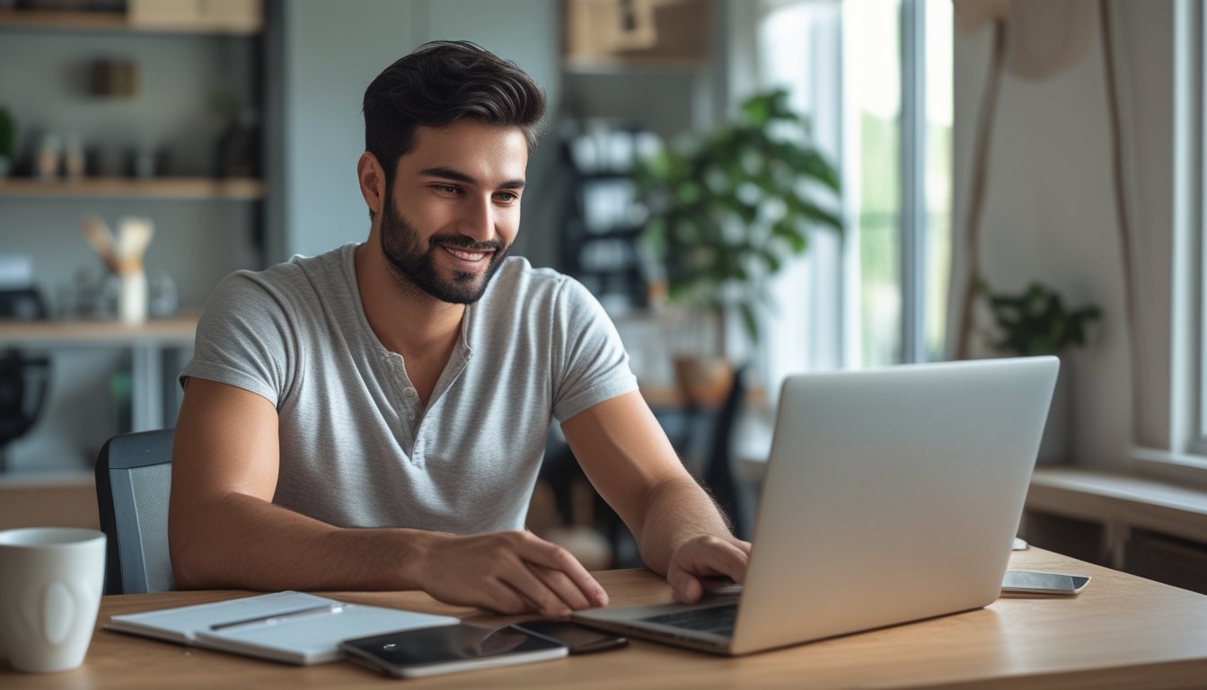 Seorang pria muda duduk di meja kerja bermain permainan kartu online di laptop dengan suasana ruangan yang terang dan rapi.