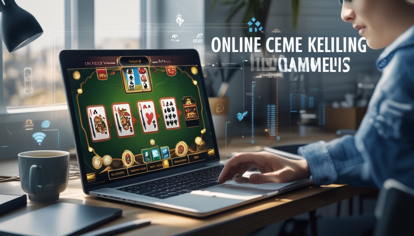 Seorang dewasa muda sedang fokus bermain permainan kartu Ceme Keliling secara online di laptop di meja kerja dengan cahaya alami.