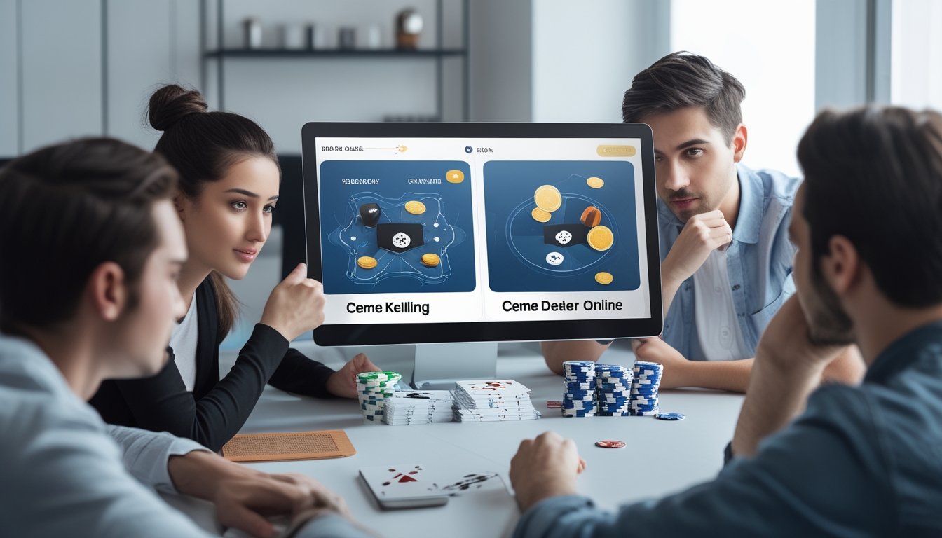 Orang-orang sedang menggunakan perangkat digital untuk bermain dan membandingkan permainan kartu online di ruang kerja yang rapi.