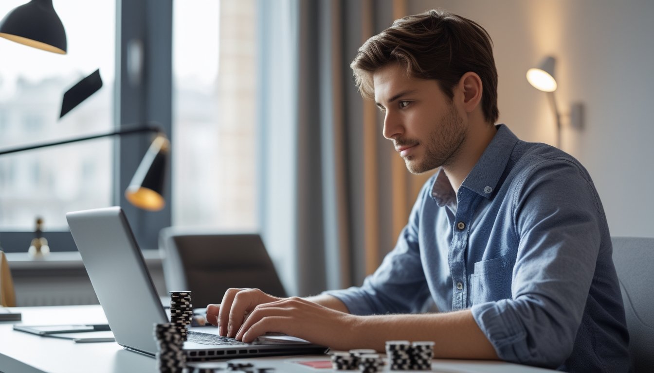 Seorang pria muda duduk di meja dengan laptop, fokus bermain permainan kartu online dengan tumpukan chip dan kartu di meja.