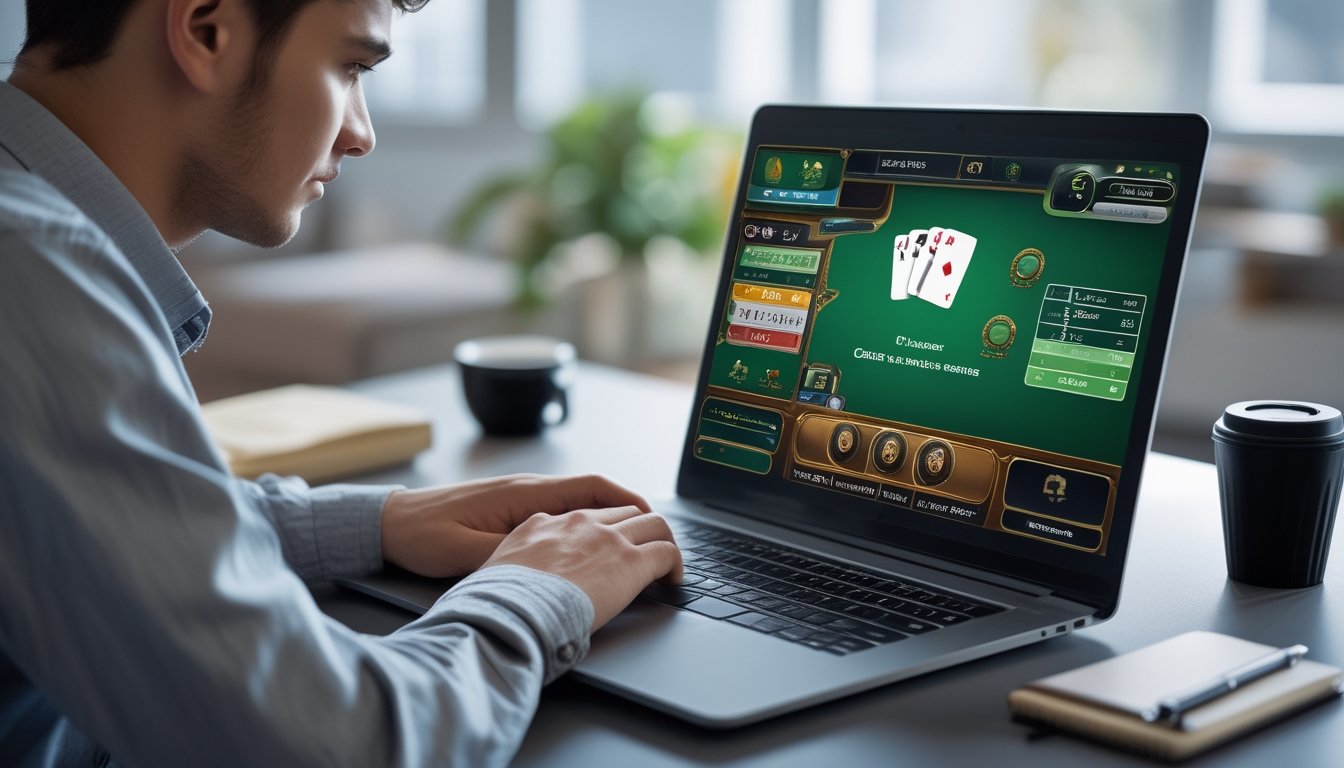 Seorang pria muda sedang bermain permainan kartu online di laptop di ruang kerja rumah yang nyaman.