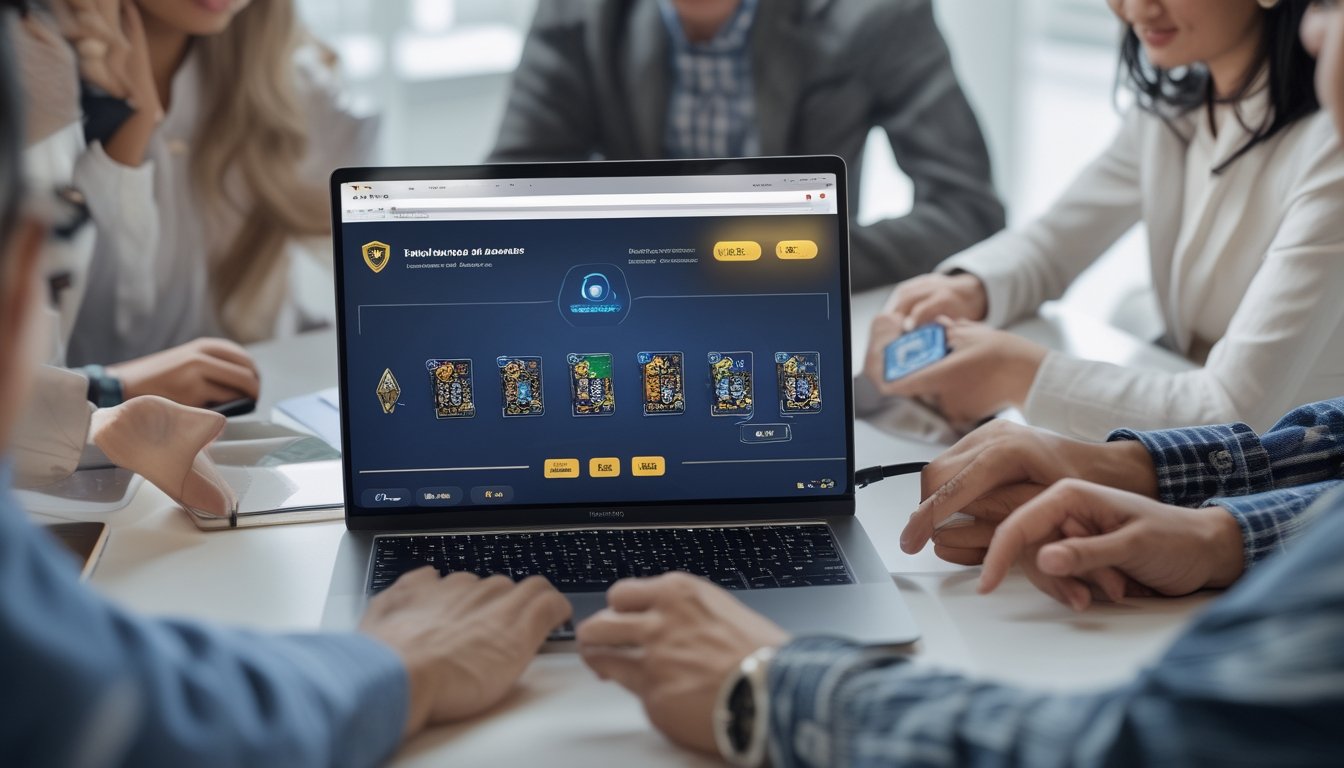 Orang-orang sedang bermain permainan kartu online di laptop di ruang kerja modern dengan suasana profesional dan terpercaya.