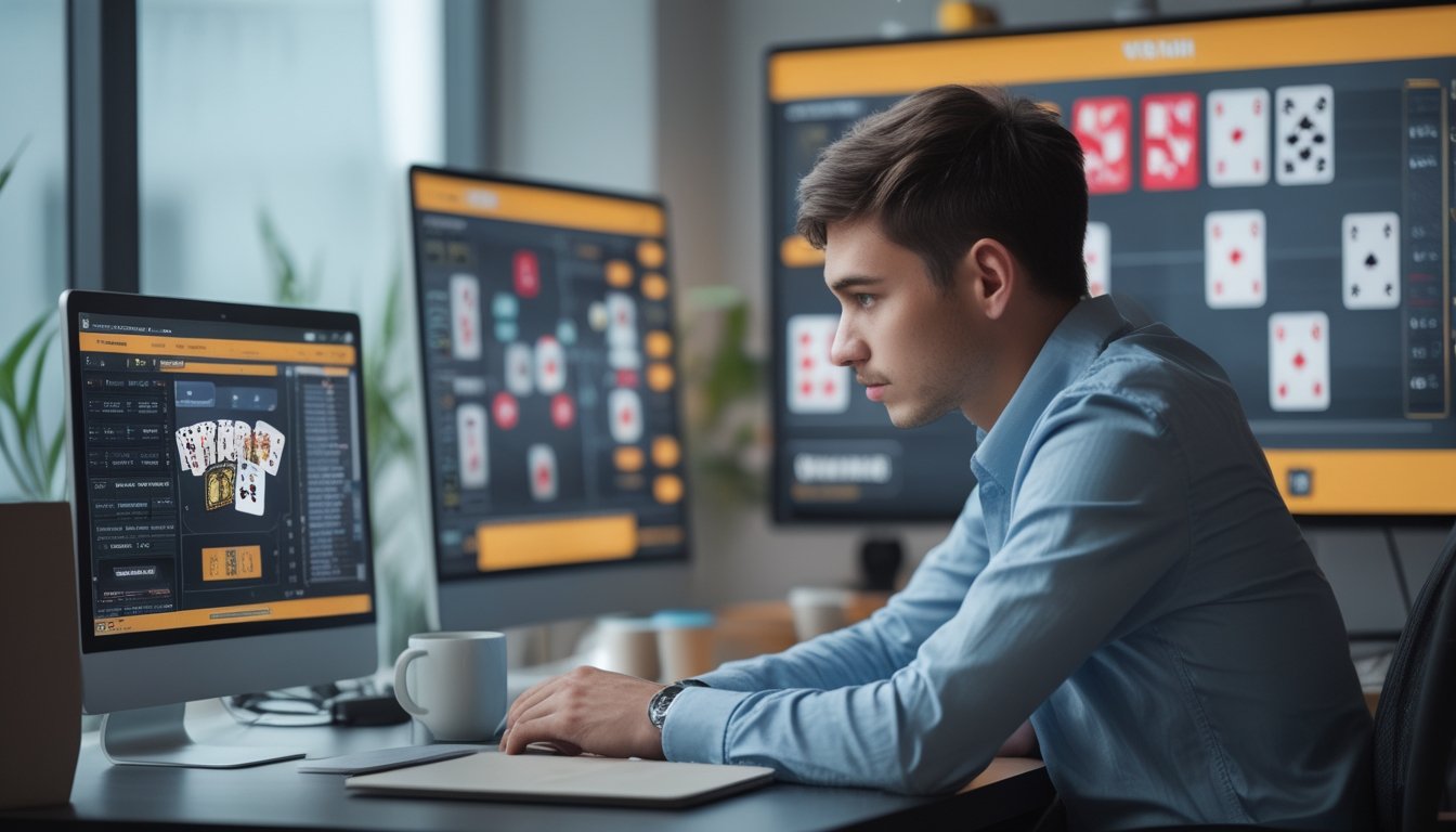 Seorang pria muda sedang duduk di meja modern sambil memperhatikan layar komputer yang menampilkan pola permainan kartu online.