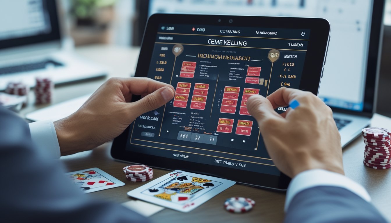 Tangan seseorang sedang menganalisis pola permainan Ceme Keliling di layar tablet di meja kerja dengan kartu dan chip poker di sekitar.