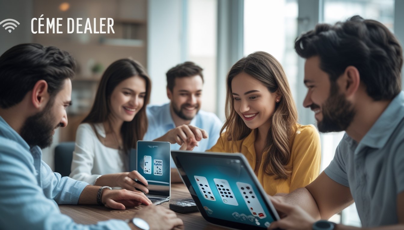 Beberapa orang sedang bermain permainan Ceme Dealer secara online menggunakan laptop dan tablet di dalam ruangan yang terang dan nyaman.