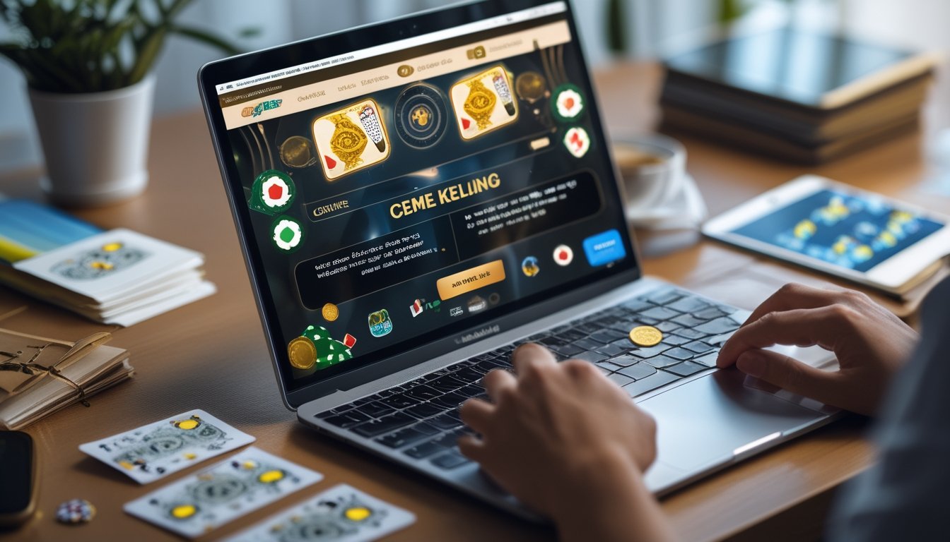 Seorang pengguna sedang bermain permainan kartu Ceme Keliling secara online di laptop dengan tampilan kartu dan chip taruhan, di meja juga terlihat ponsel dan catatan terkait sistem pembayaran.