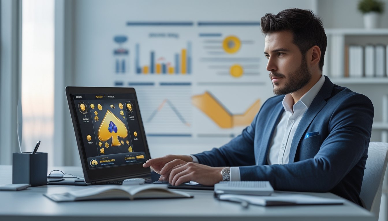 Seorang pria duduk di meja kerja dengan laptop, fokus pada permainan kartu online sambil memegang pena dan mencatat strategi.