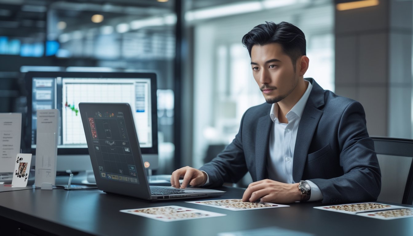 Seorang pria duduk di depan laptop di kantor modern, fokus pada permainan kartu online dan mengelola strategi serta risiko.