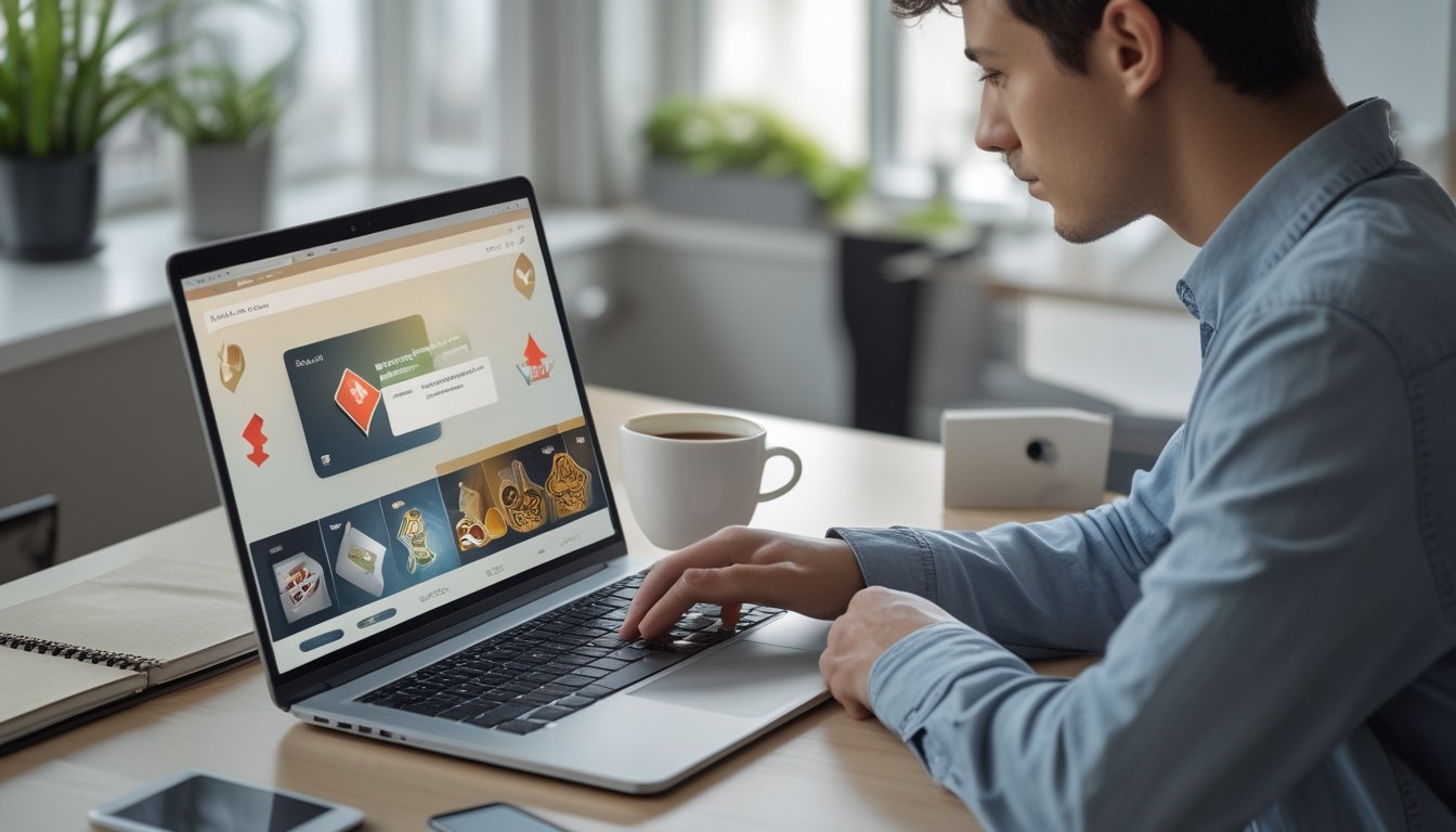 Seseorang duduk di meja kerja dengan laptop dan catatan, sedang mempertimbangkan bergabung dengan platform online.
