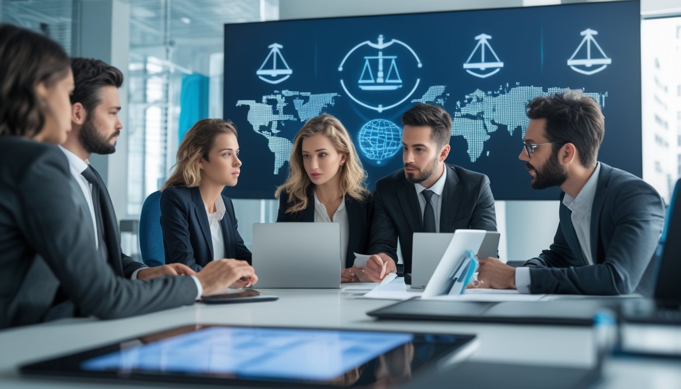Sekelompok profesional sedang berdiskusi serius di ruang kantor modern dengan perangkat digital dan layar besar yang menunjukkan ikon keamanan dan legalitas.