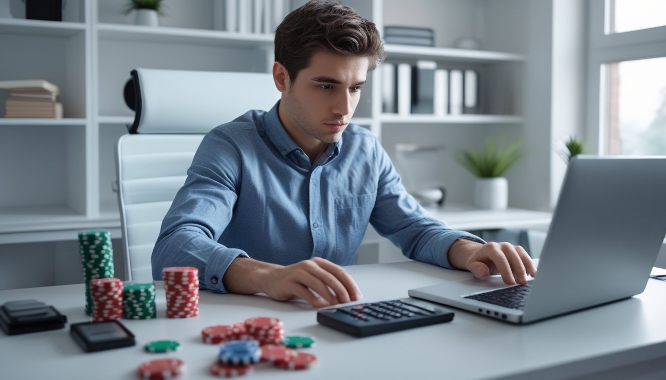 Seorang pria muda fokus bekerja di meja dengan laptop, kartu remi, chip poker, dan kalkulator di ruang kerja yang terang.