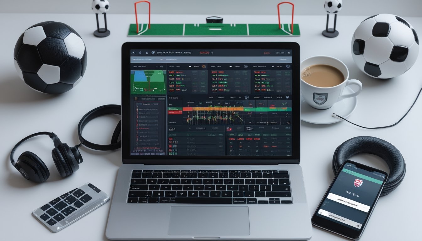 Meja kerja modern dengan laptop yang menampilkan platform taruhan sepak bola, bola sepak, ponsel dengan skor pertandingan, dan cangkir kopi.