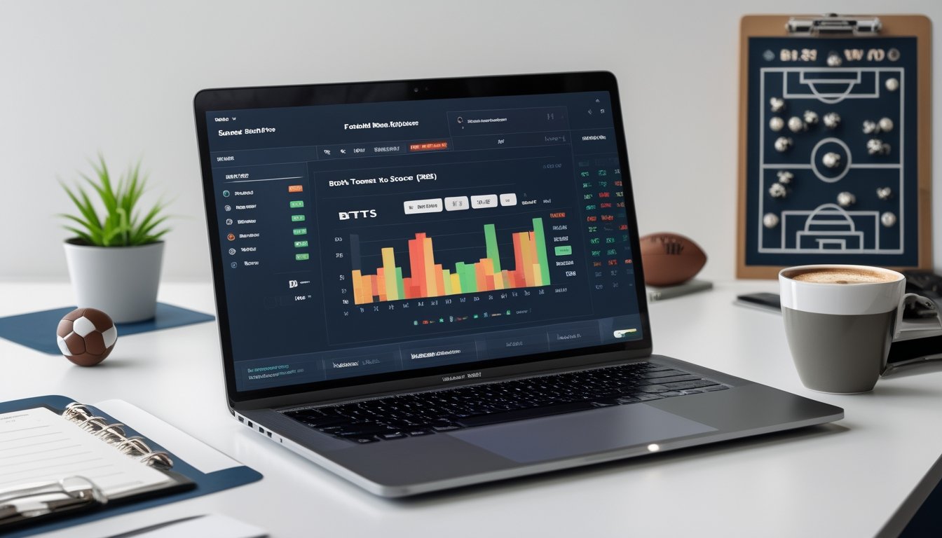 Meja kerja dengan laptop yang menampilkan platform taruhan sepak bola, smartphone dengan pembaruan pertandingan, clipboard dengan daftar periksa, dan dekorasi bertema sepak bola.