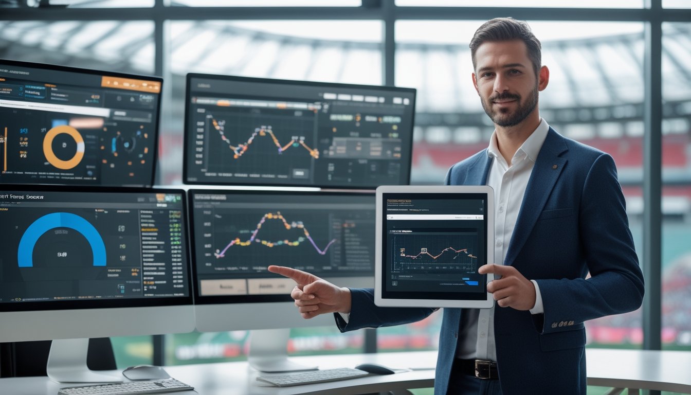Seorang analis sepak bola sedang menunjukkan data statistik di depan beberapa layar komputer dengan latar stadion sepak bola.