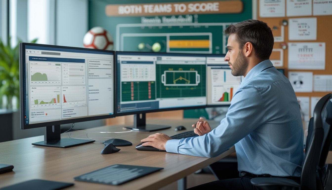 Seorang analis sepak bola sedang bekerja di depan komputer dengan grafik dan data statistik pertandingan di ruang kantor modern.