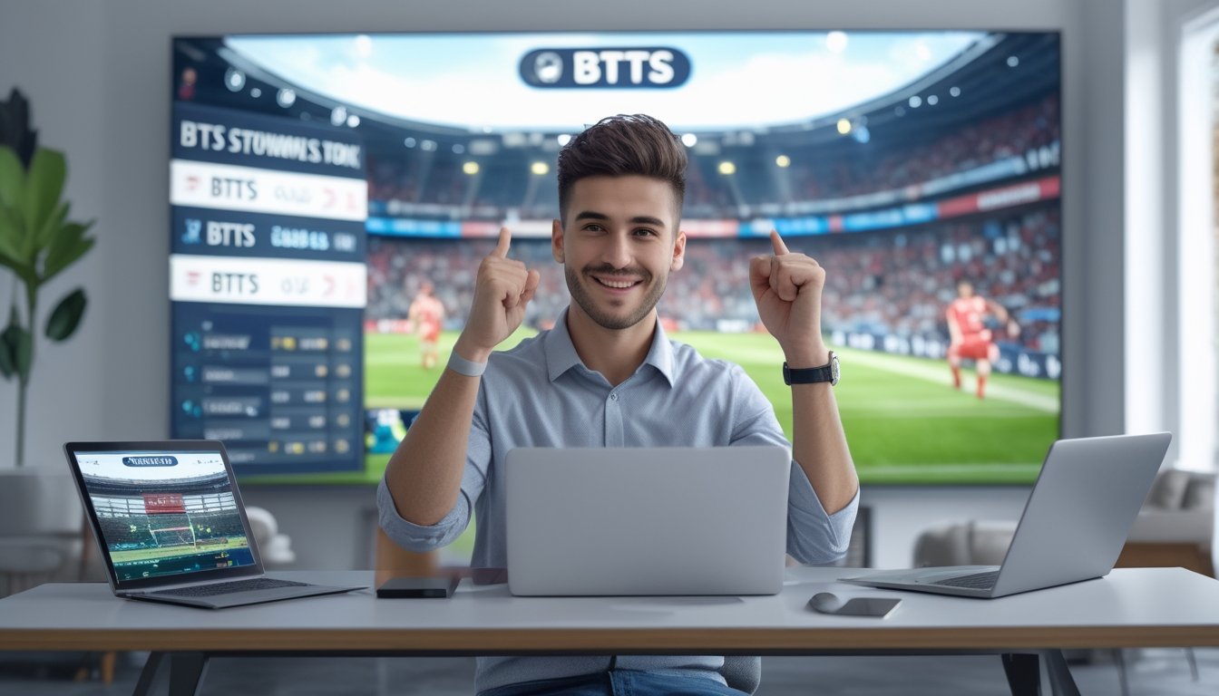 Seorang pria muda duduk di meja dengan beberapa perangkat digital menampilkan statistik dan peluang taruhan sepak bola, di latar belakang pertandingan sepak bola sedang berlangsung.