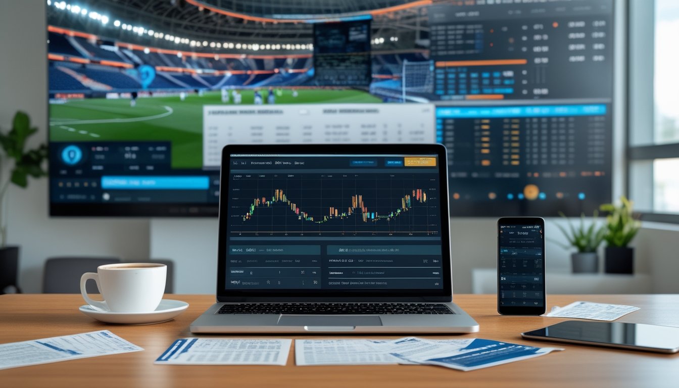 Seorang pengguna bekerja dengan laptop yang menampilkan statistik dan grafik prediksi pertandingan sepak bola, dikelilingi oleh ponsel dengan skor langsung dan slip taruhan di atas meja kayu.