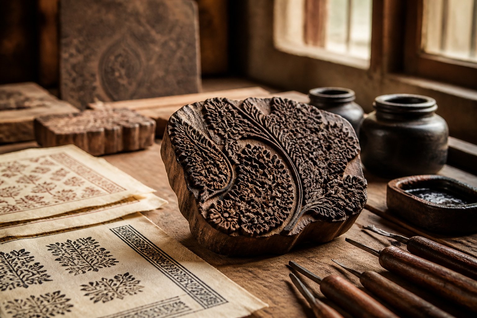 Ein antiker Holzblock mit geschnitzten Mustern auf einem Holztisch, umgeben von alten Papierbögen und traditionellen Werkzeugen, beleuchtet von natürlichem Licht.