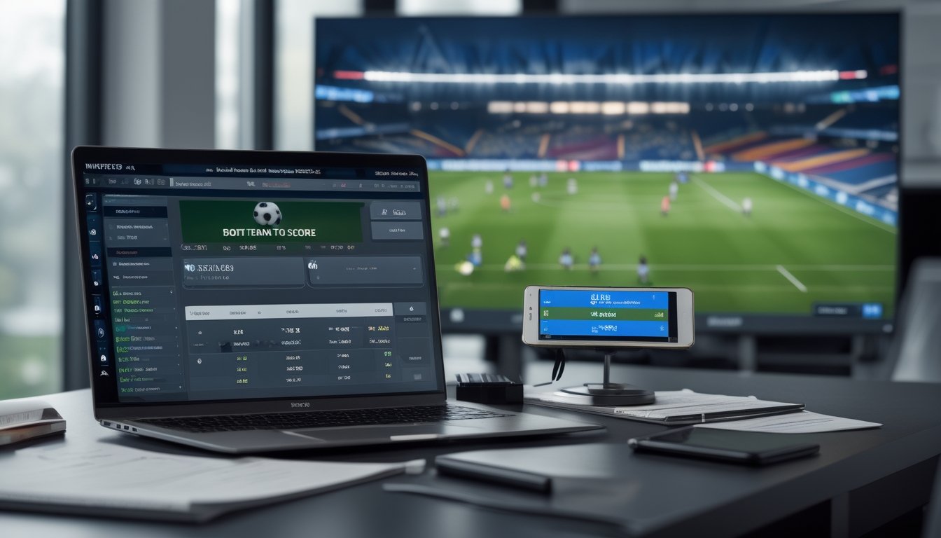 Seorang pria di meja kerja dengan laptop yang menampilkan statistik sepak bola dan layar besar menampilkan pertandingan sepak bola Eropa yang sedang berlangsung.