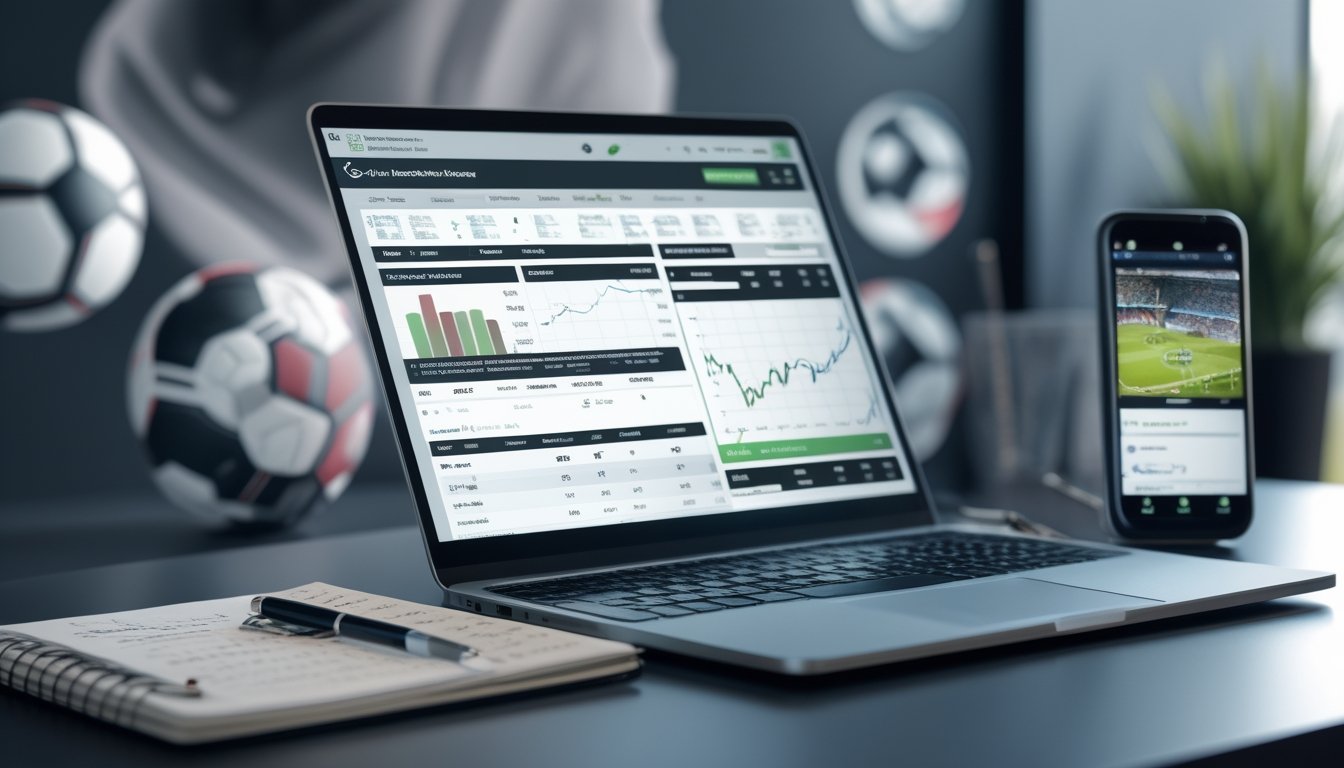 Sebuah ruang kerja modern dengan laptop yang menampilkan statistik pertandingan sepak bola dan peluang taruhan, notepad dengan catatan, dan ponsel yang menayangkan pertandingan sepak bola langsung.