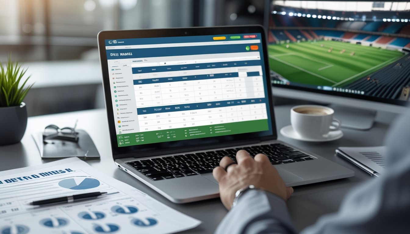 Seorang analis sedang melihat data statistik pertandingan sepak bola head-to-head di laptop dengan kertas data dan cangkir kopi di meja.