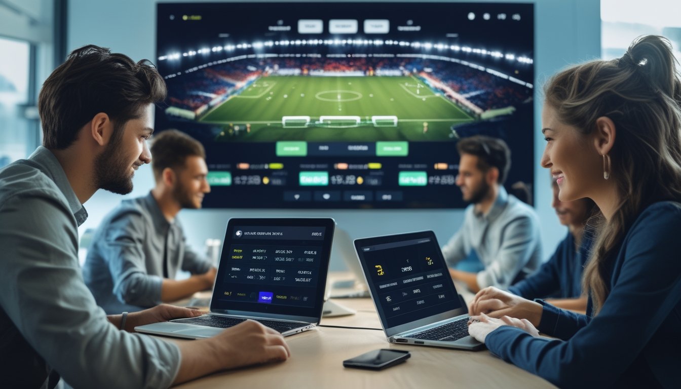 Orang-orang menggunakan perangkat digital untuk memasang taruhan sepak bola dengan latar pertandingan sepak bola yang sedang berlangsung di stadion.