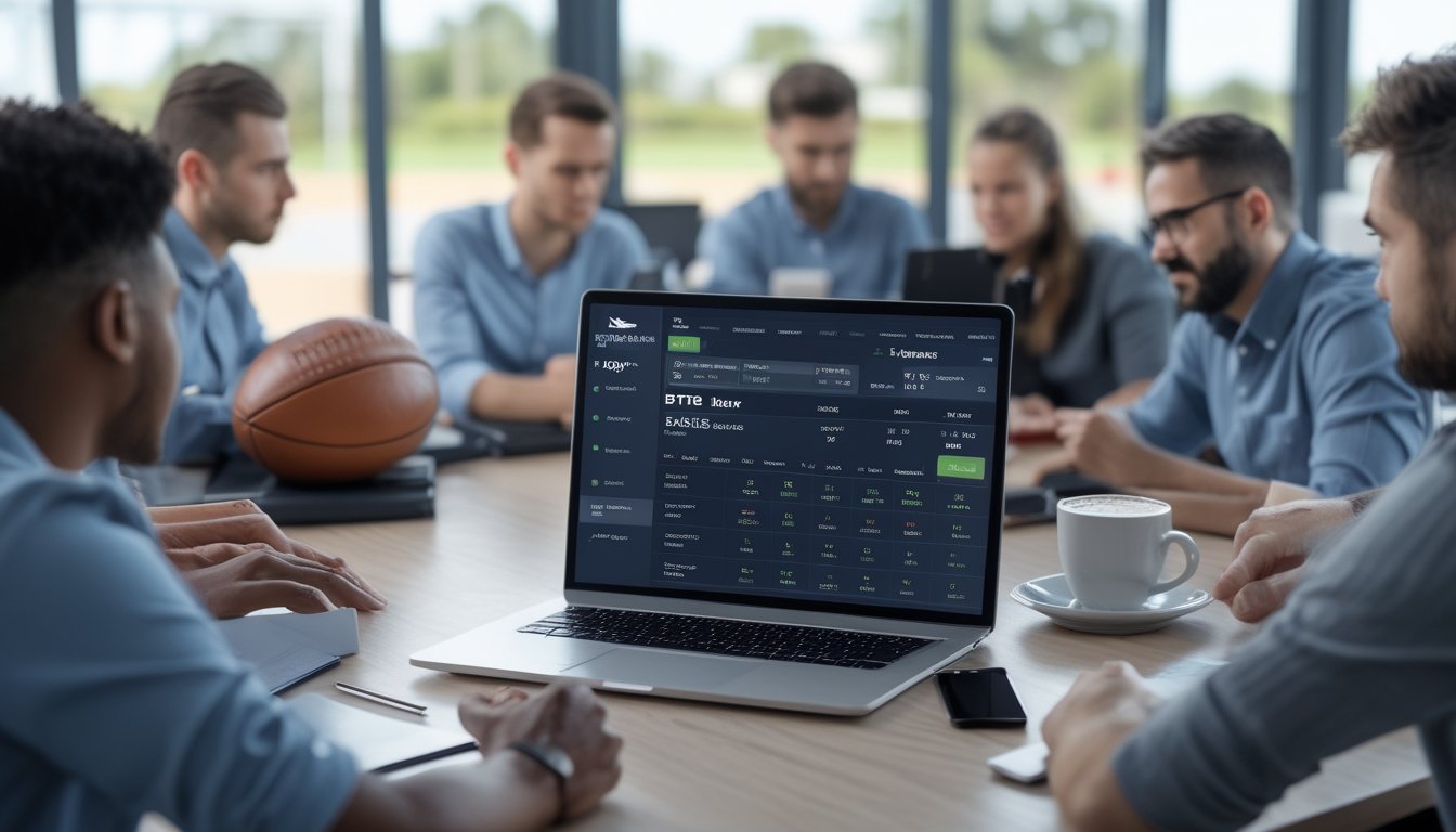 Orang-orang sedang menggunakan komputer dengan tampilan platform taruhan sepak bola yang menampilkan data dan peluang BTTS.