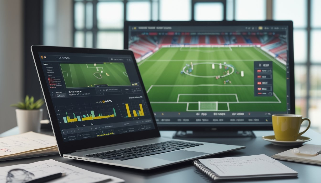 Meja kerja dengan laptop yang menampilkan statistik sepak bola, grafik, dan catatan, serta layar besar yang menunjukkan data gol pertandingan.