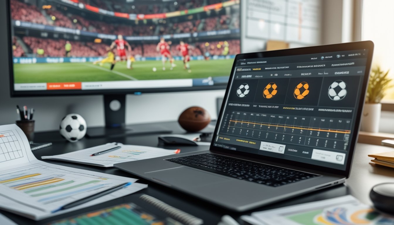 Meja kerja dengan laptop yang menampilkan data statistik sepak bola dan layar besar menampilkan pertandingan sepak bola yang sedang berlangsung.