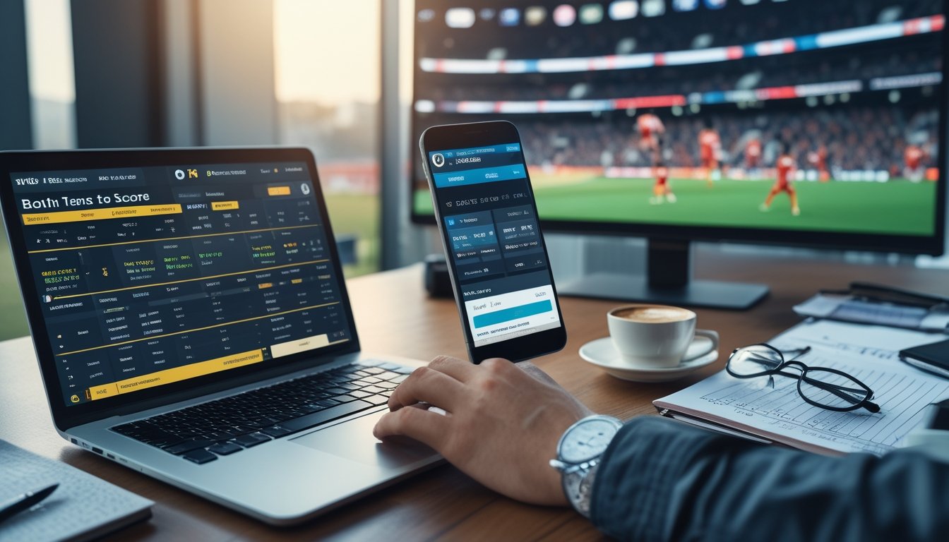 Meja kerja dengan laptop, ponsel, dan catatan tentang taruhan sepak bola, dengan layar besar menampilkan pertandingan sepak bola yang sedang berlangsung.