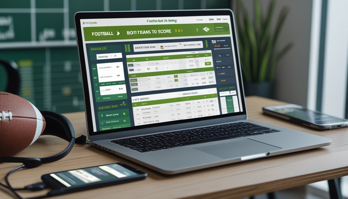 Seorang pengguna melihat layar laptop yang menampilkan platform taruhan sepak bola online dengan opsi taruhan kedua tim mencetak gol, di meja terdapat bola sepak bola dan ponsel dengan pembaruan pertandingan langsung.