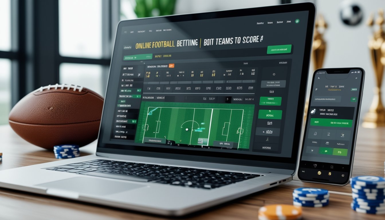 Seorang pengguna sedang melihat layar komputer dengan tampilan taruhan sepak bola, di meja terdapat bola sepak dan chip taruhan.