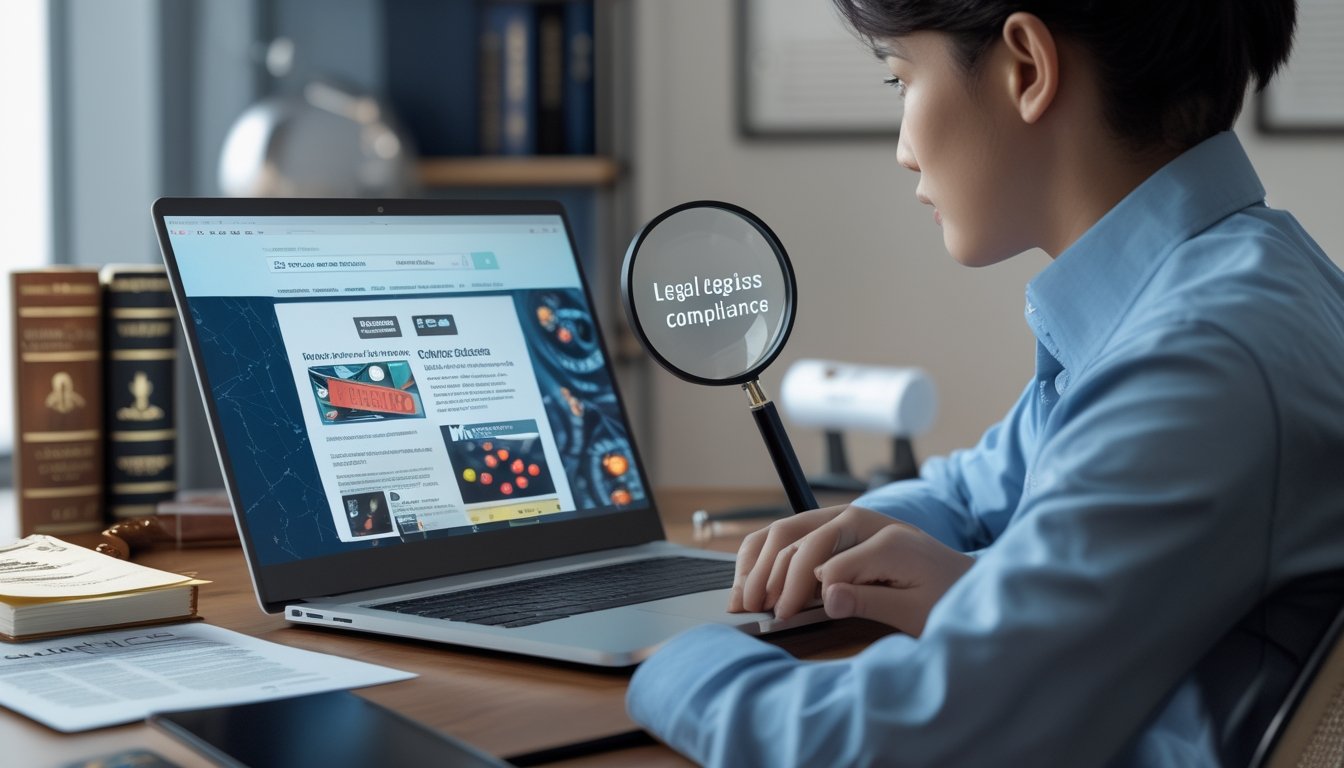 Seseorang duduk di meja dengan laptop yang menampilkan situs judi online, memeriksa dengan kaca pembesar dan dokumen di meja, di latar belakang terdapat buku hukum dan palu hakim.