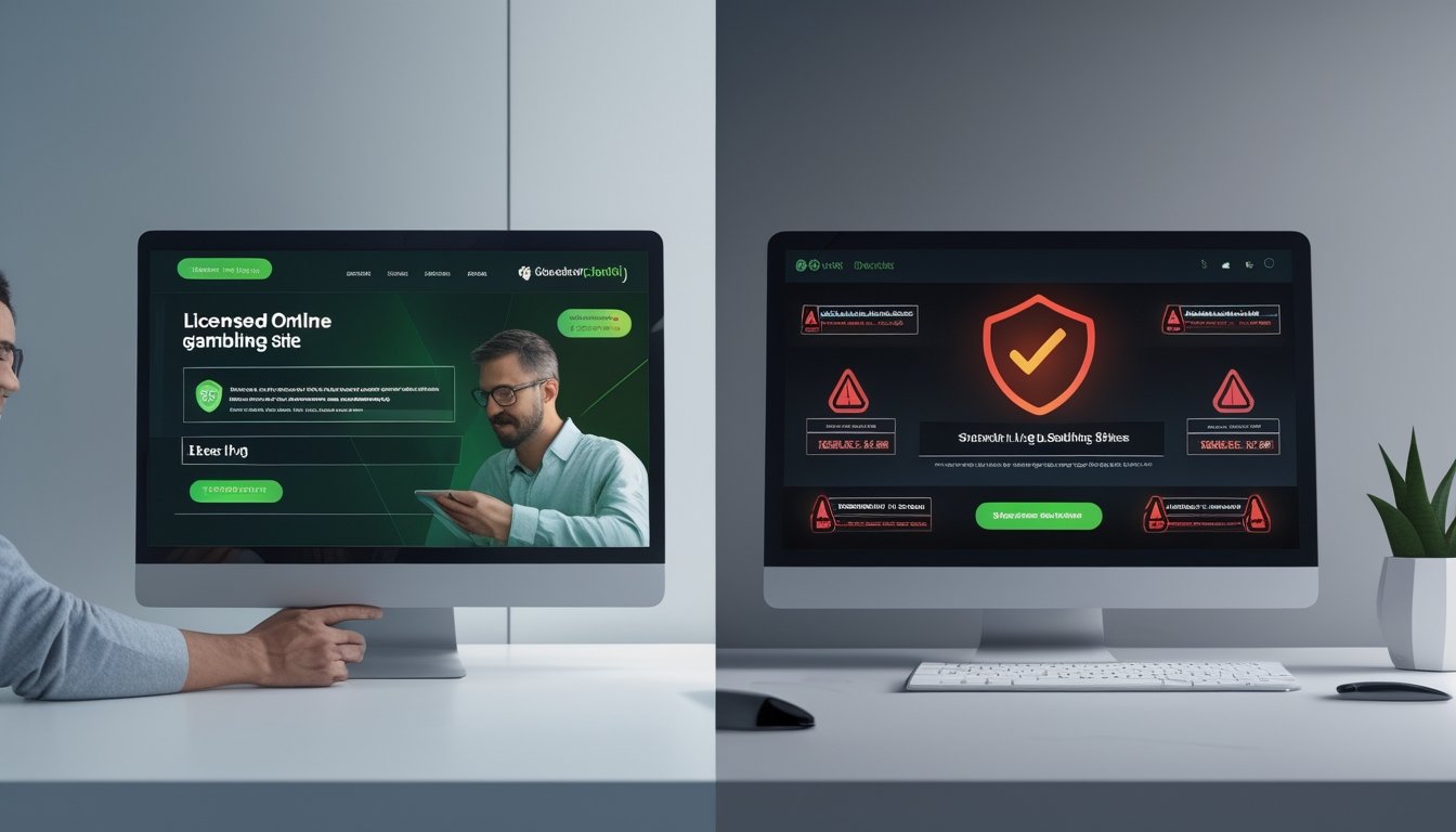 Seseorang menggunakan laptop dengan tampilan situs judi online berlisensi di sebelah kiri dan tampilan situs judi ilegal dengan tanda peringatan di sebelah kanan.