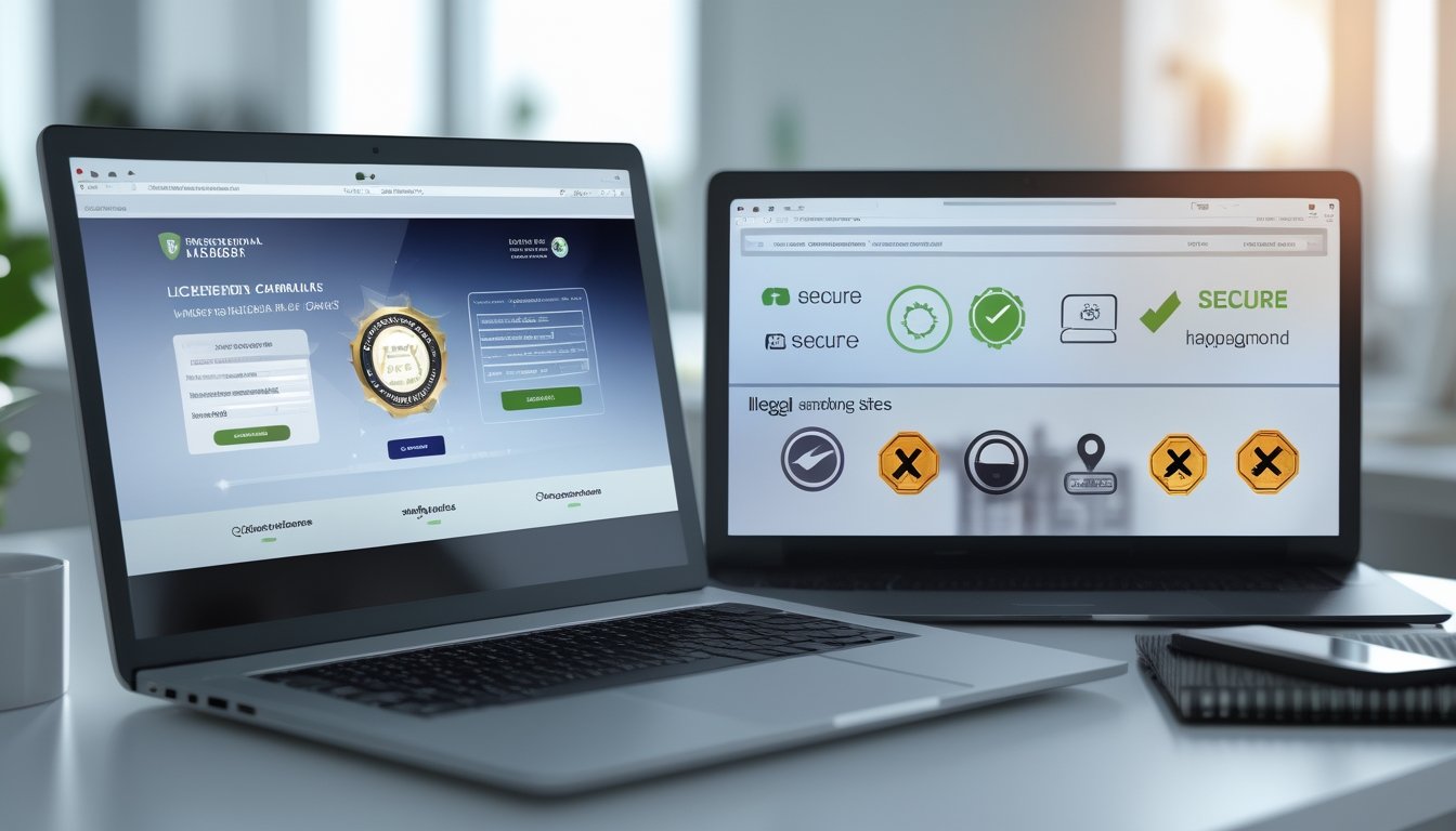 Seorang profesional menggunakan laptop dan ponsel yang menampilkan antarmuka platform judi online berlisensi dengan simbol keamanan dan lisensi resmi, di latar belakang kantor yang terang dan rapi.