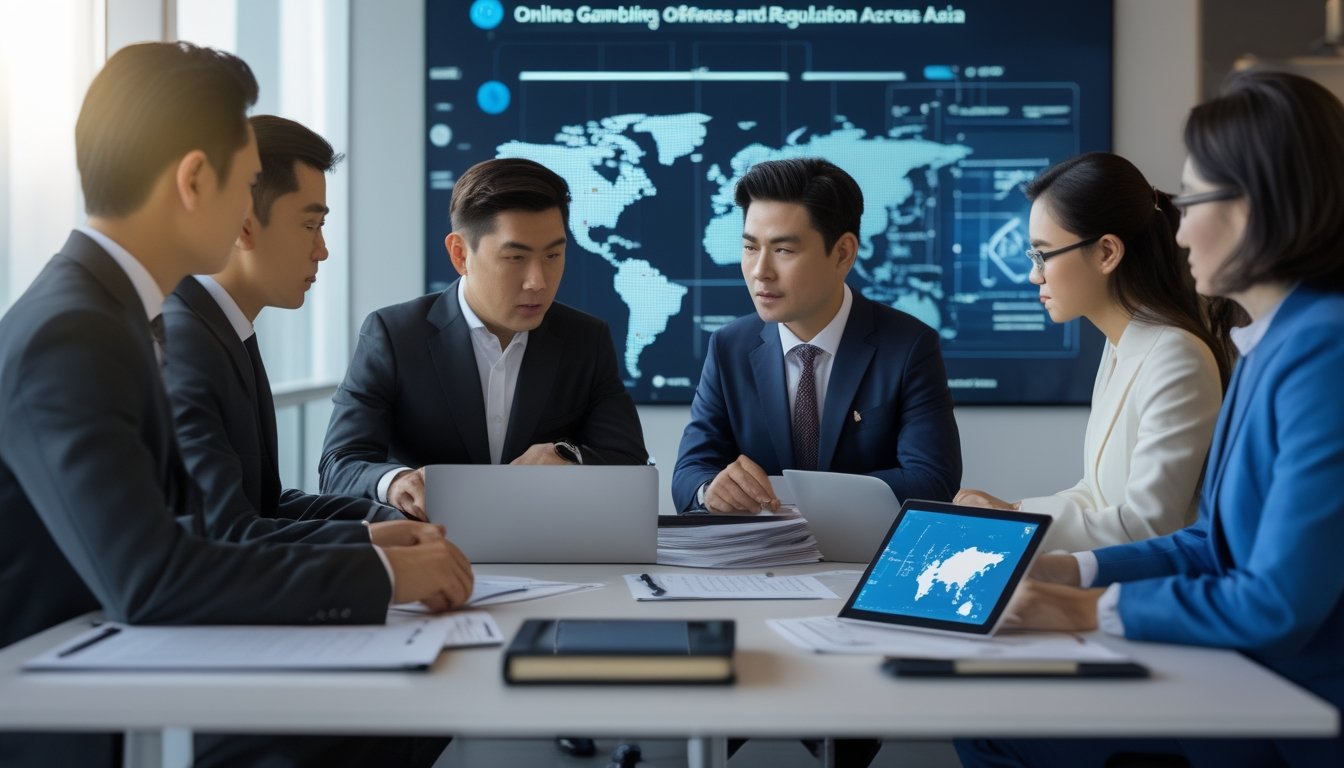 Sekelompok profesional bisnis Asia sedang berdiskusi serius di ruang rapat modern dengan laptop dan dokumen terkait regulasi judi online di berbagai negara Asia.