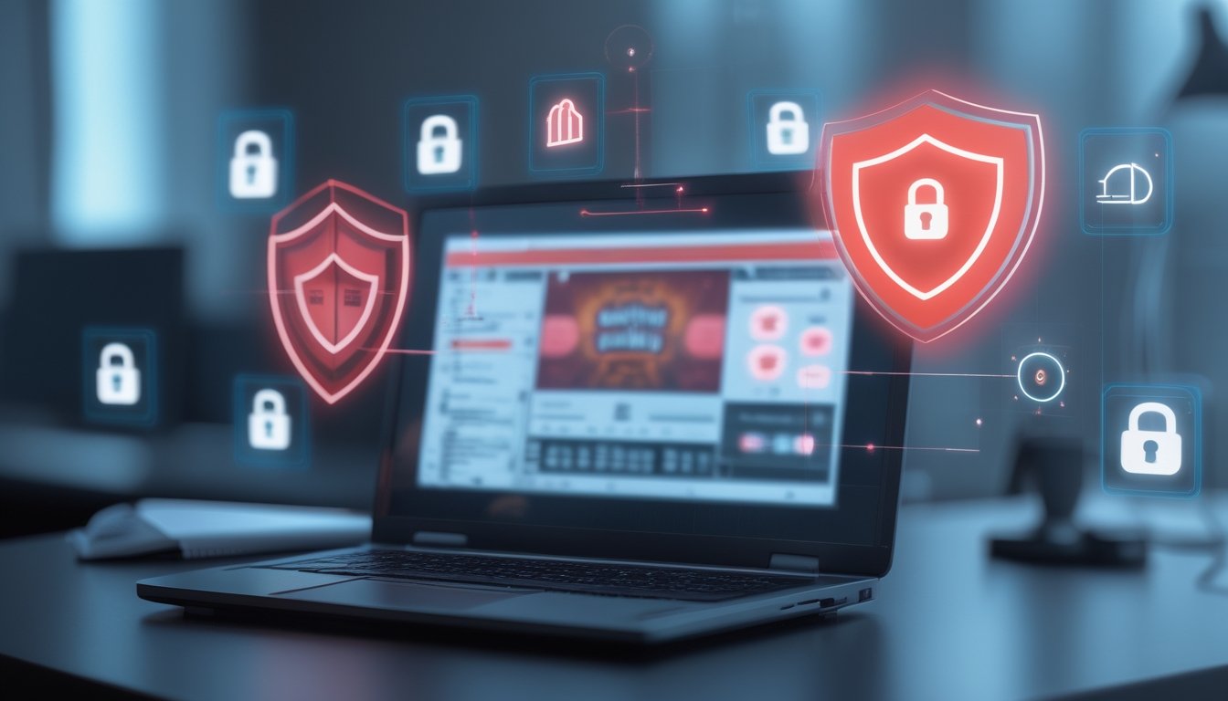 Seorang pengguna di depan laptop dengan ikon peringatan keamanan data muncul di sekitar layar.
