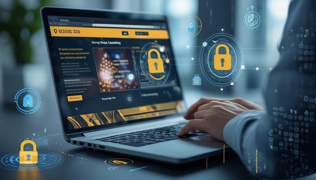 Seseorang menggunakan laptop dengan tampilan situs judi online dan simbol keamanan data di sekitarnya.