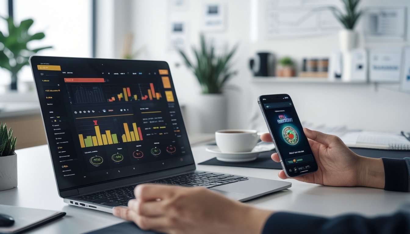 Seseorang menggunakan laptop dan ponsel di meja kerja modern dengan grafik dan aplikasi kasino di layar.