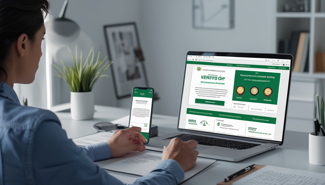 Seseorang duduk di meja kerja dengan laptop dan dokumen, memeriksa legalitas platform judi online secara mandiri.