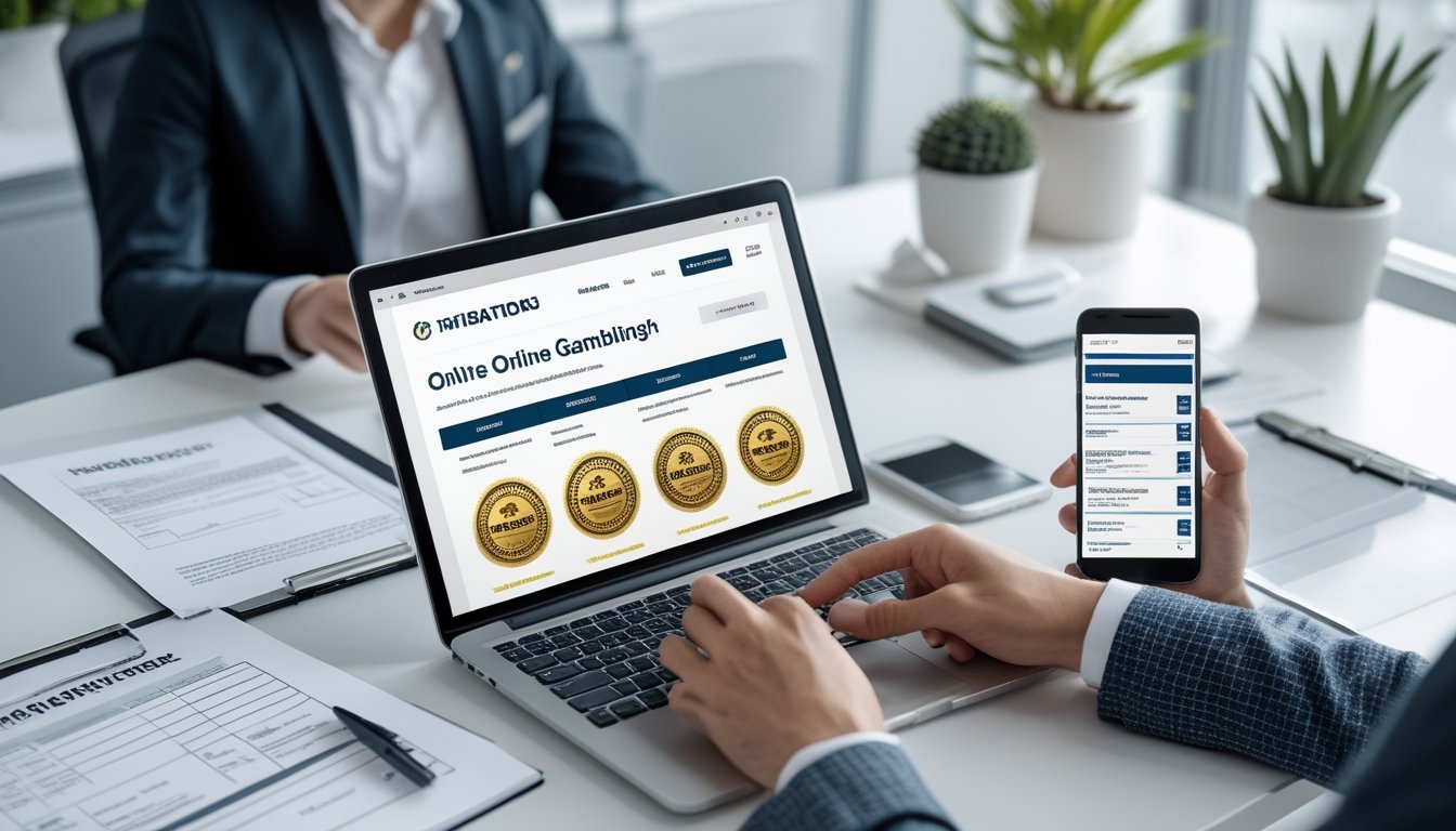 Seseorang duduk di meja kerja dengan laptop, dokumen, dan ponsel, sedang memeriksa legalitas platform judi online secara mandiri.