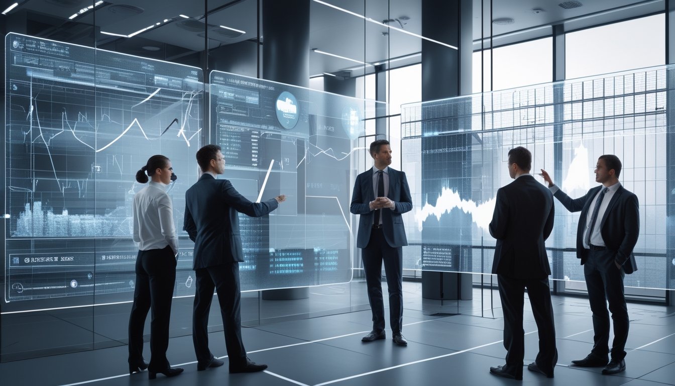 Sekelompok profesional sedang berdiskusi di kantor modern dengan layar digital menampilkan grafik dan simbol peraturan terkait industri perjudian online.