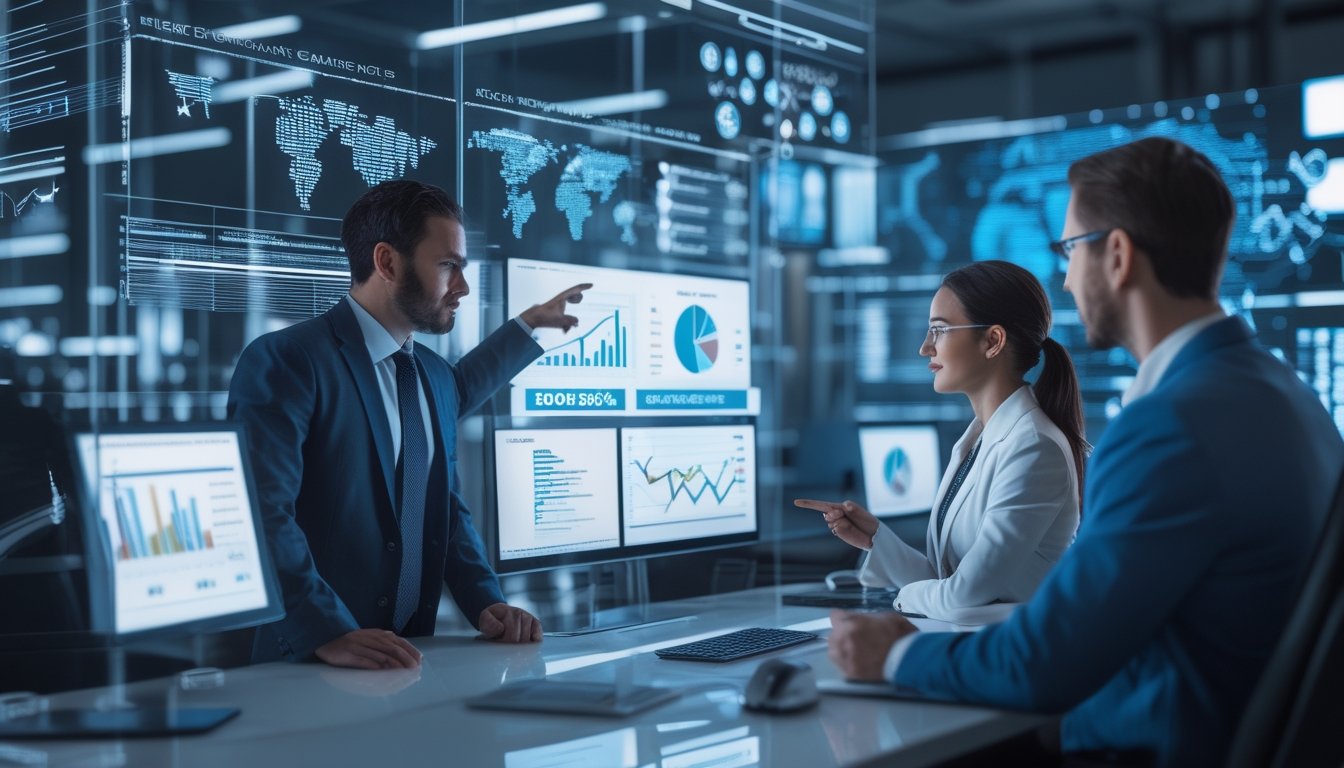Beberapa profesional sedang berdiskusi di depan layar digital yang menampilkan grafik dan data terkait perkembangan industri perjudian online.