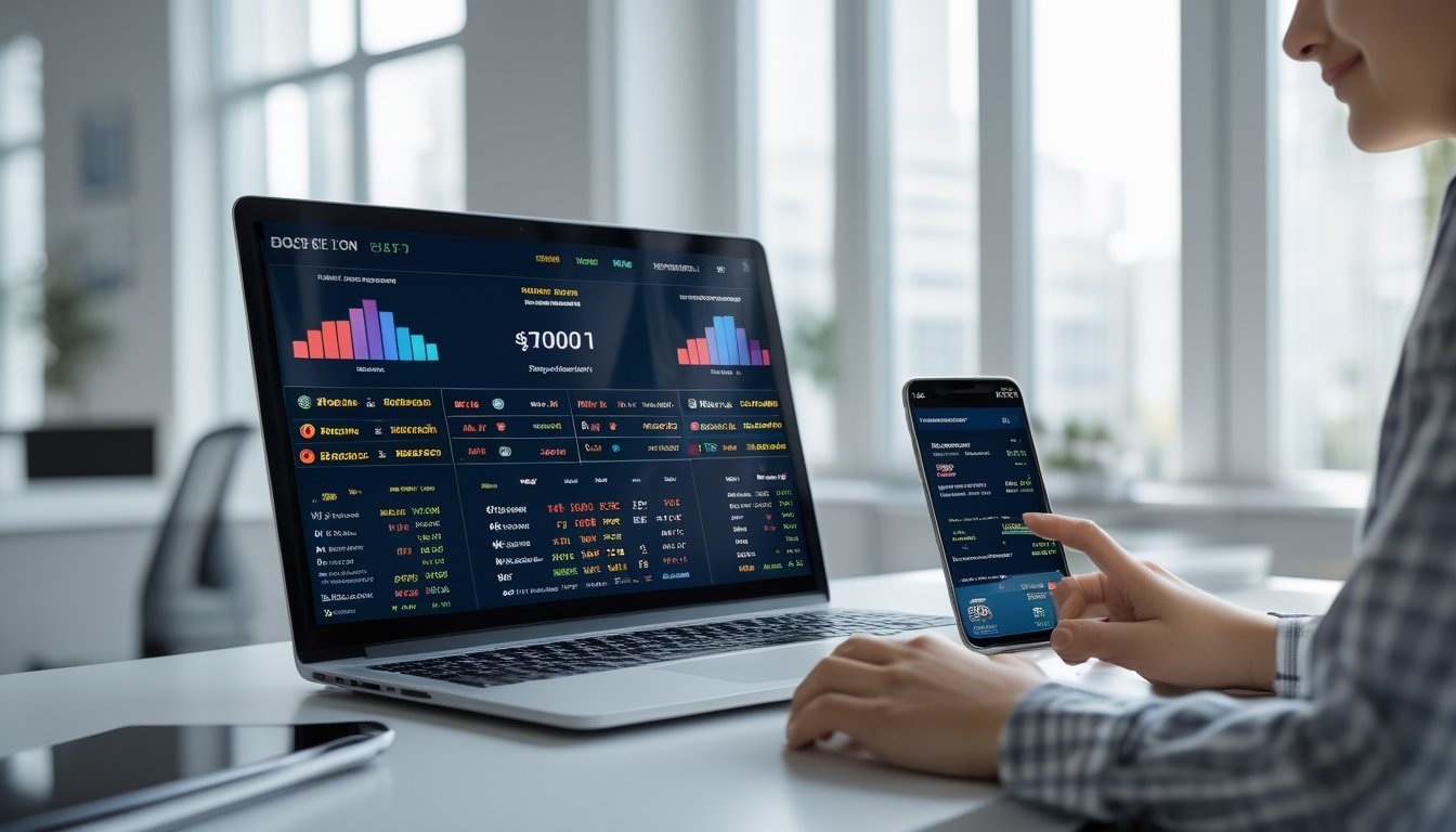 Seorang profesional menggunakan beberapa perangkat digital di kantor modern dengan layar yang menampilkan grafik dan ikon jackpot.