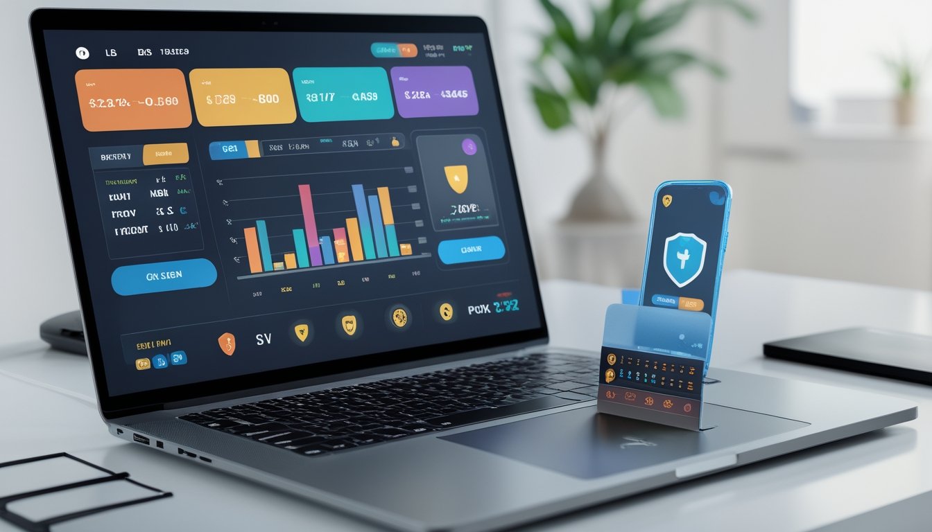 Laptop dan smartphone di atas meja dengan tampilan antarmuka platform taruhan digital yang menampilkan grafik dan simbol keamanan.