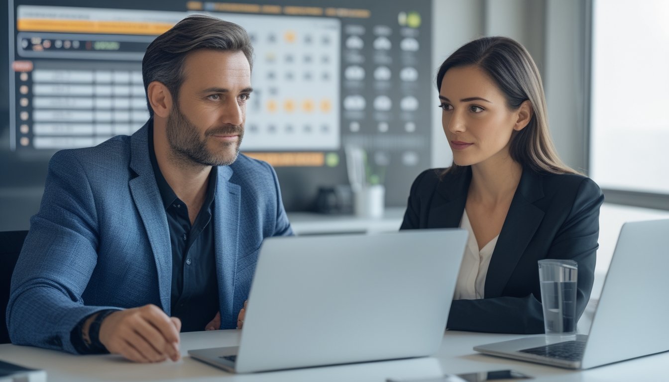 Dua orang dewasa duduk di meja kantor modern sambil melihat layar laptop dengan grafik dan data terkait permainan togel online.