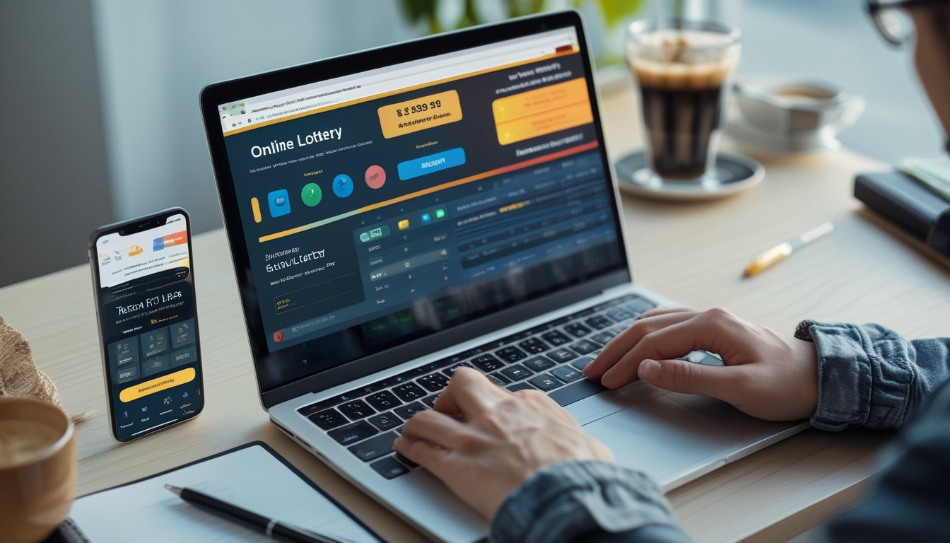 Seseorang menggunakan laptop dan ponsel di meja kerja yang rapi dengan cahaya alami, menunjukkan aktivitas memilih platform togel online yang aman.