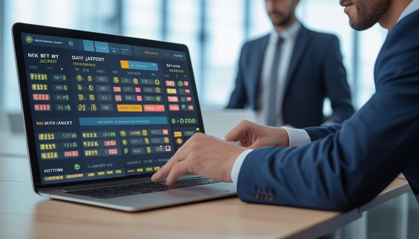 Seseorang menggunakan laptop dengan tampilan platform togel modern yang menampilkan fitur campuran taruhan dan jackpot harian di lingkungan kantor yang bersih dan modern.
