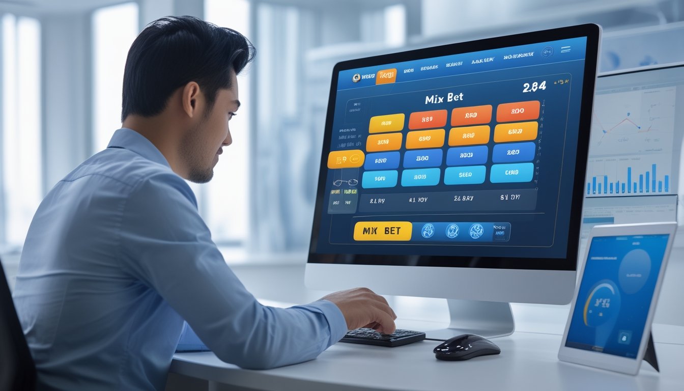 Seseorang menggunakan komputer dengan tampilan platform togel parlay modern yang menampilkan fitur mix bet dan jackpot harian.