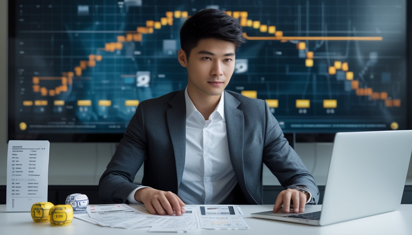 Seorang pria muda sedang duduk di meja kantor dengan laptop dan tiket lotere, fokus pada layar yang menampilkan grafik peluang jackpot.